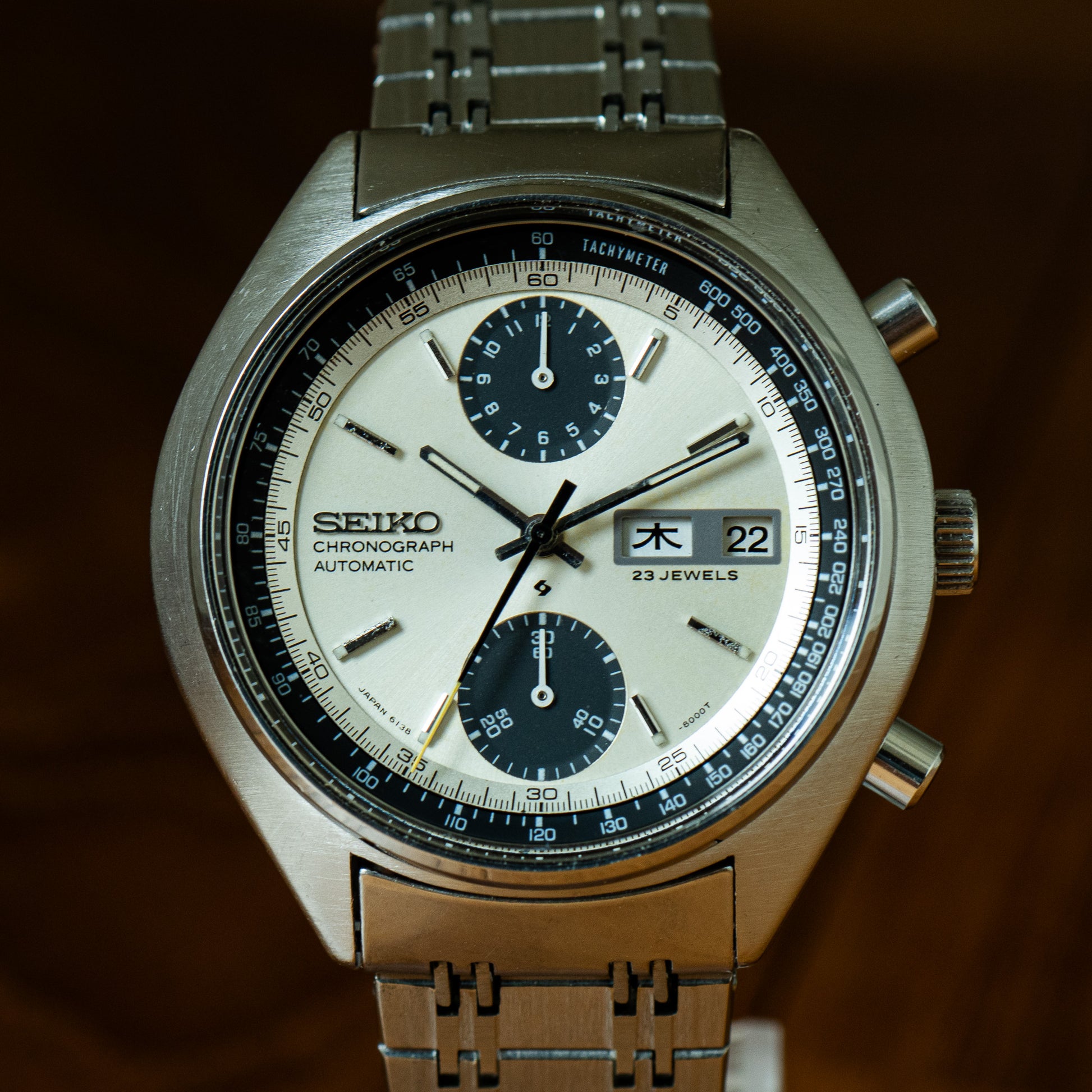 Seiko 6138-8000 Baby Panda Dial Facing the Camera