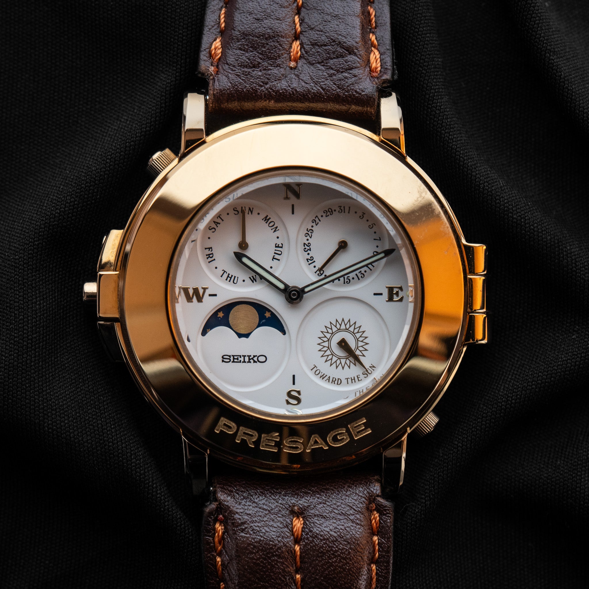 80s SEIKO プレサージュ7F38-9A00 蓋付ムーンフェイズ